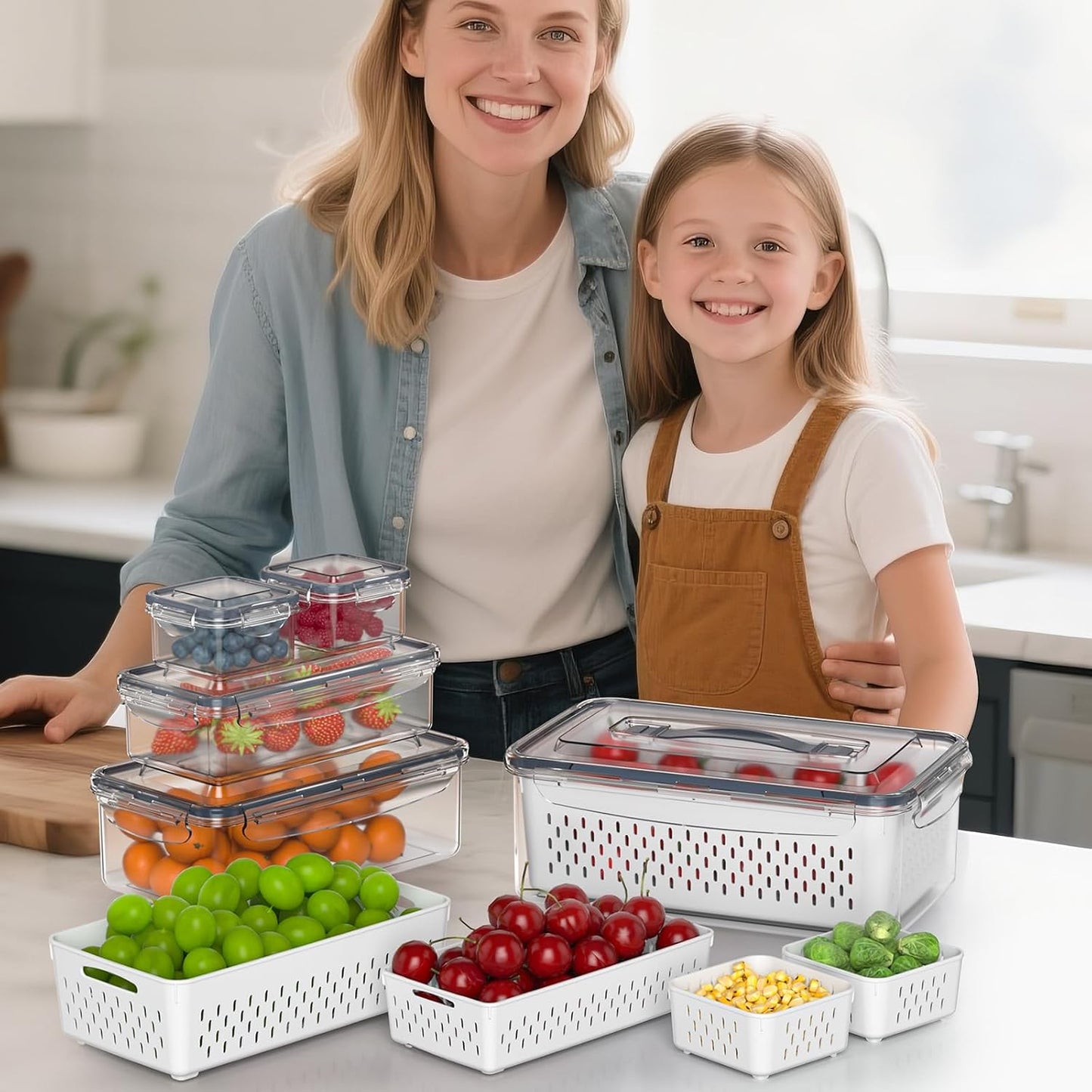 Anysig 5 Pack Fridge Fruit Storage Containers with Colander & Handle Lids | Airtight Fruit Containers for Fridge, Refrigerator Organizers and Storage, Dishwasher Safe, Keep Berry Fruit Fresh Longer