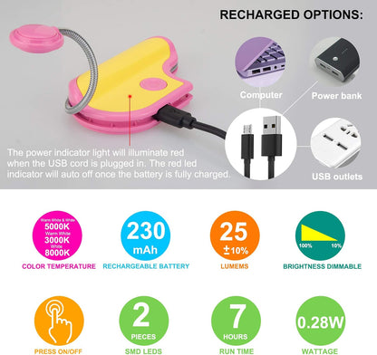 BIGMONAT Rechargeable Book Reading Light in Bed,Dimmable Warm/White Book Light for Kids,Multi Colors Portable LED Reading Lamp with Rotary Light Neck,Wireless Clip on Reading Light for Student(Green)