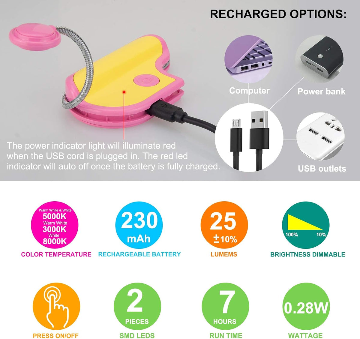 BIGMONAT Rechargeable Book Reading Light in Bed,Dimmable Warm/White Book Light for Kids,Multi Colors Portable LED Reading Lamp with Rotary Light Neck,Wireless Clip on Reading Light for Student(Green)