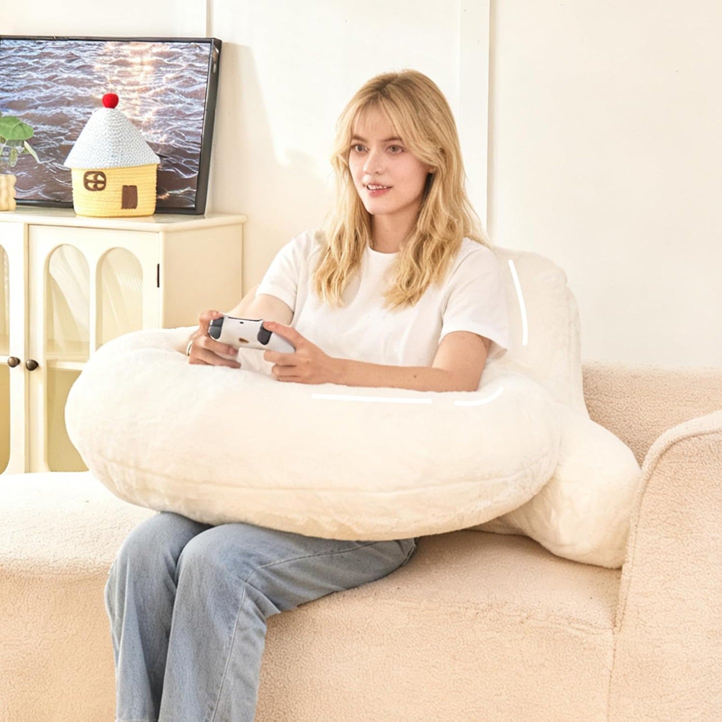 Reading Pillow with Arms for Sitting in Bed,Backrest,White Flannel,M | 17" Backrest Supports Back for College Students,Elbows & Forearms for Dorm Reading,Gaming,Watching TV