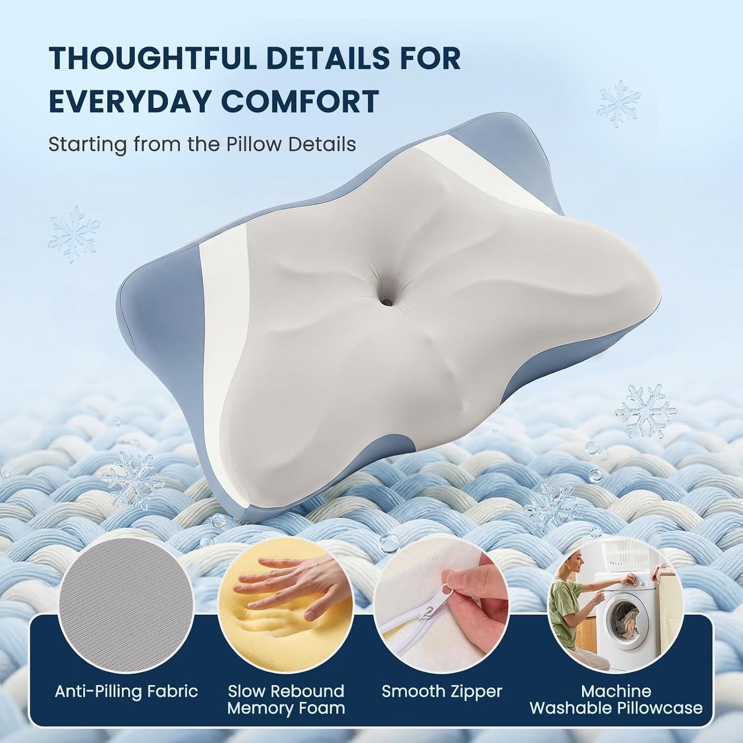 Sweetcrispy Cervical Pillow for Neck and Shoulder - Ergonomic Memory Foam Pillows, Contour Side Sleeper for Adults, Cooling Orthopedic Neck Support for Back Stomach Sleepers, White