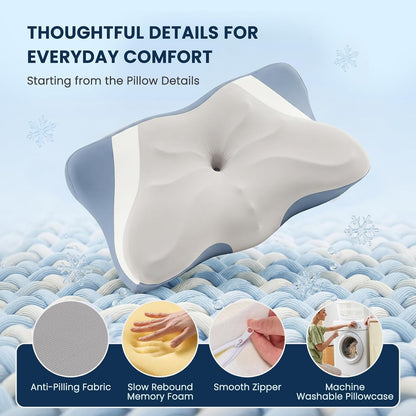 Sweetcrispy Cervical Pillow for Neck and Shoulder - Ergonomic Memory Foam Pillows, Contour Side Sleeper for Adults, Cooling Orthopedic Neck Support for Back Stomach Sleepers, White