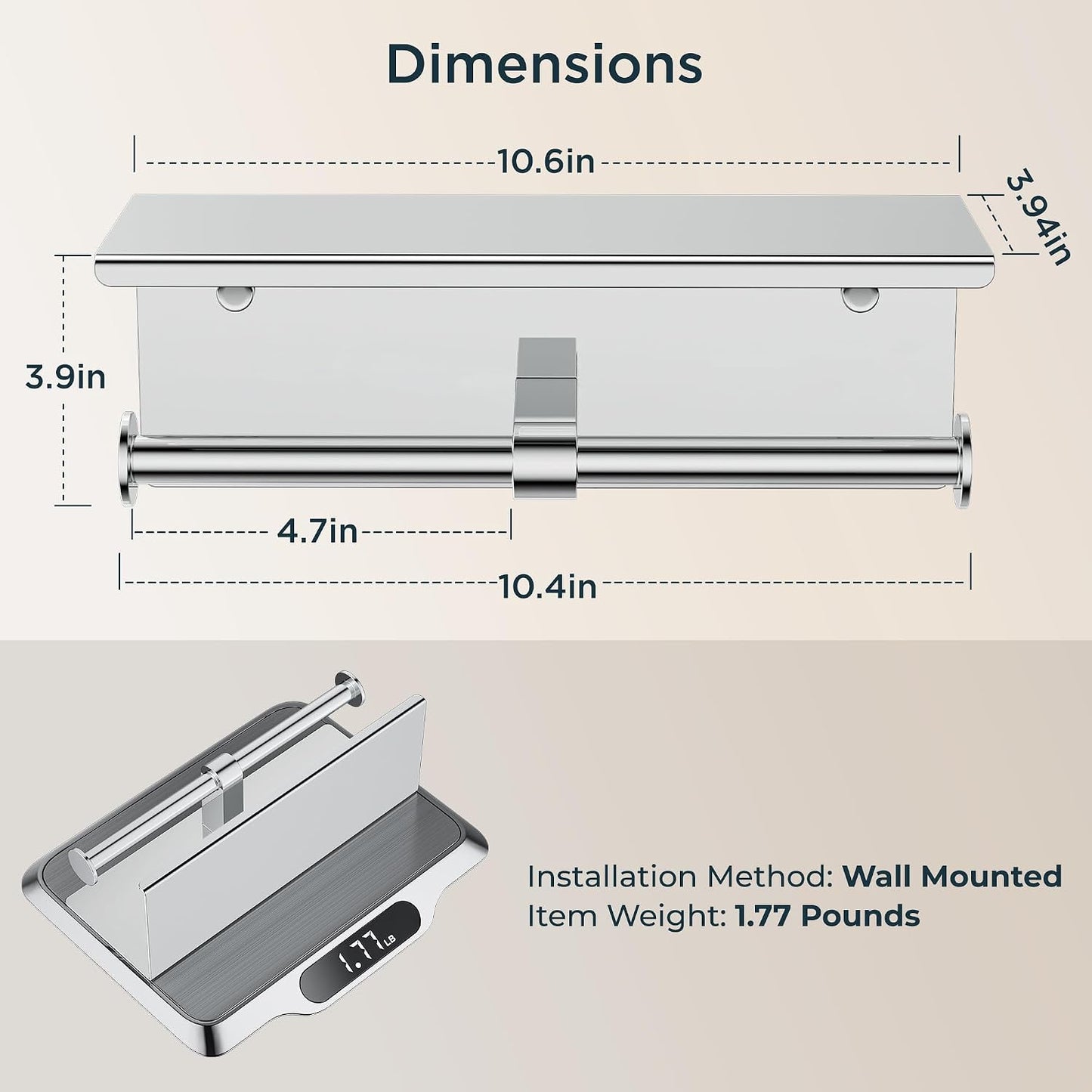 FORIOUS Toilet Paper Holder with Shelf, Commercial Toilet Paper Dispensers | Brushed Nickel | Wall Mount Bathroom Tissue Holder | SUS304 Stainless Steel Rustproof | Double Tissue Roll Holder