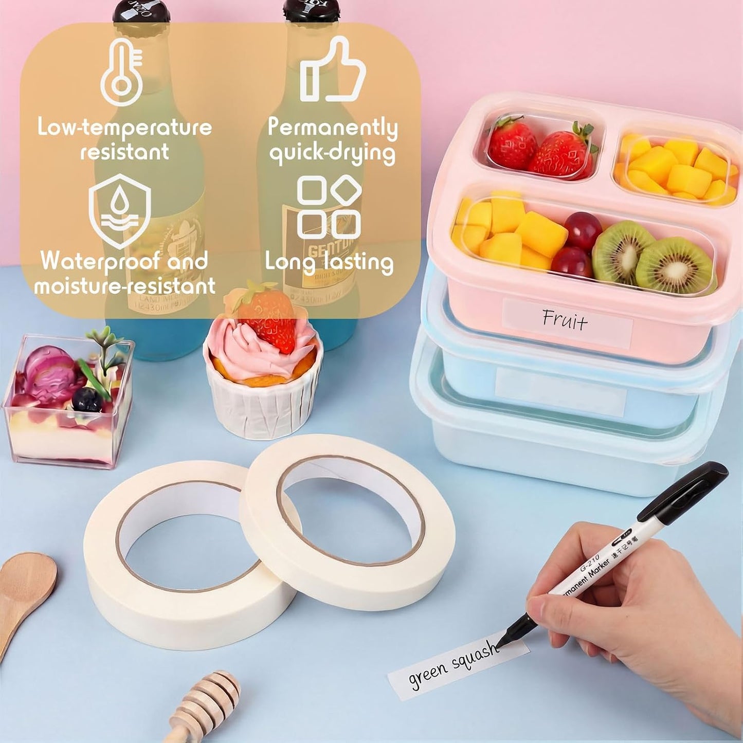 2 Kitchen Freezer Labeling Tapes & 1 Marker Pen, 0.47 x 54 yd Narrow Roll & 0.95 x 54 yd Wide Roll Waterproof Low Temperature Freezer Marking Tape for Glass Bottle Storage Container(Pink)