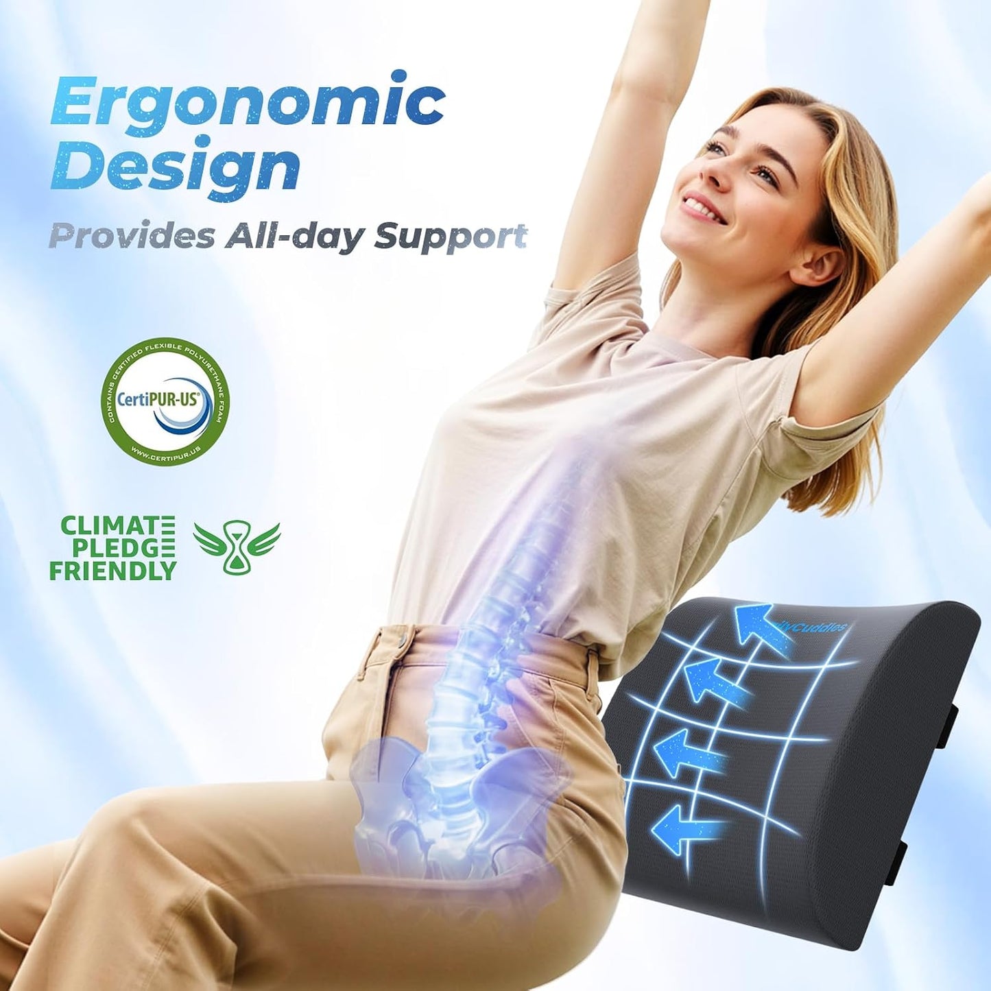 Lumbar Support Pillow, Ergonomic Back Cushion for Office Chair, Black/Large | Memory Foam Back Pillow with Adjustable Strap for Long-Hour Sitting , Gaming Chair, Back Support for Pain Relief