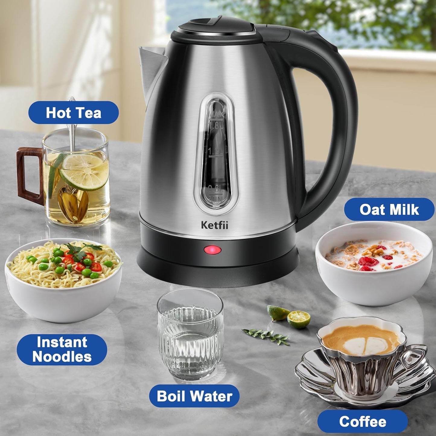 Stainless Steel Electric Kettle, 1.8 Liters Tea, Coffee Kettle & Hot Water Boiler, 360° Swivel Base, BPA Free, Auto Shut-Off, Boil-Dry Proof, 1100W