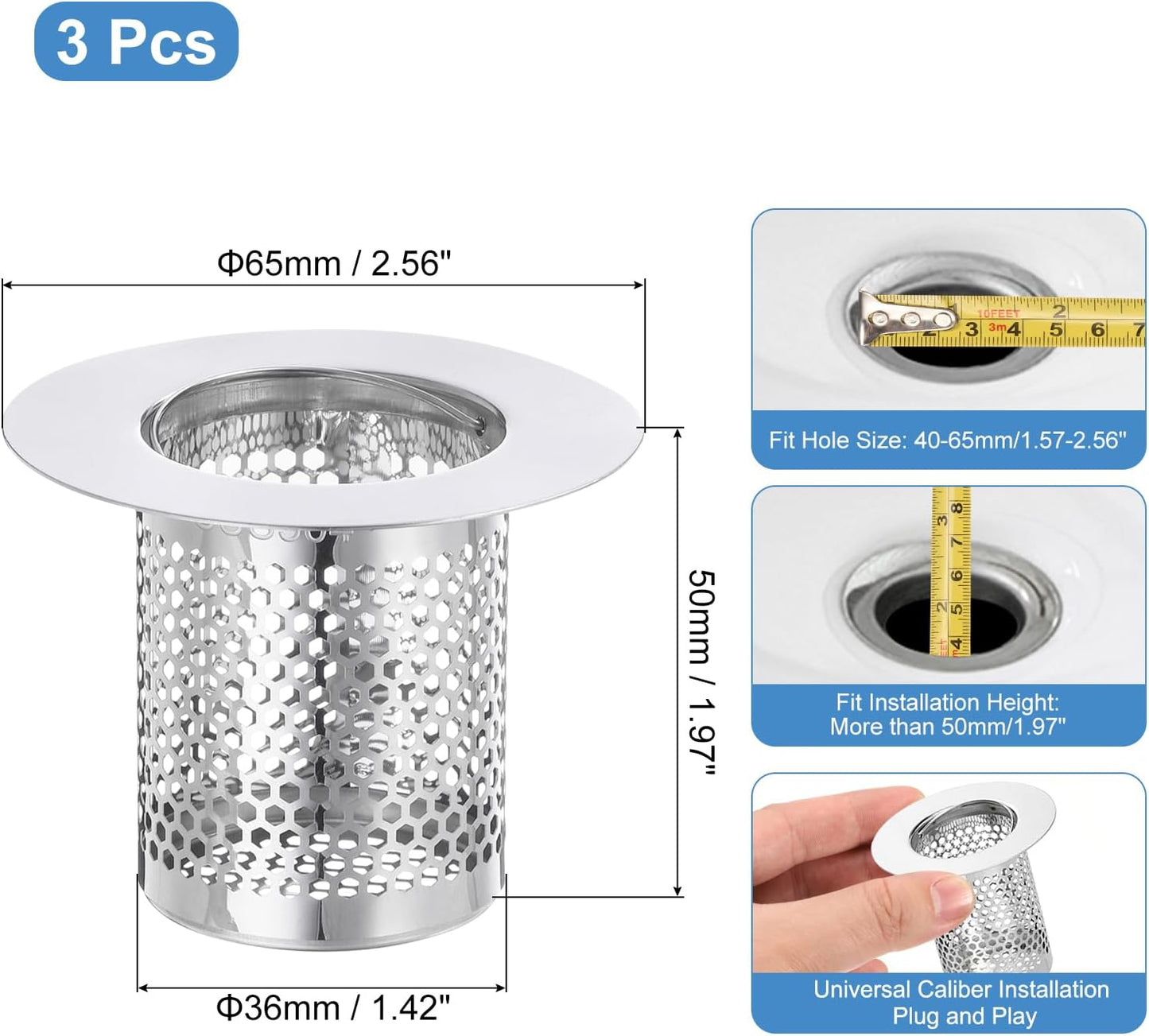 uxcell 2 Pack Shower Drain Strainer, 2" x 2.5" Stainless Steel Floor Drain Strainer Deep Sink Hair Catcher for Kitchen Bathroom Balcony Floor Drain, Fit Hole Size from 1.57" to 2.56"