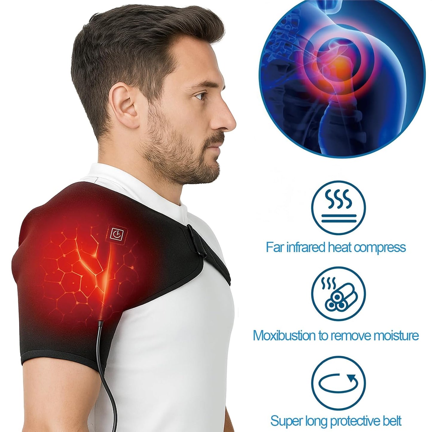 Shoulder Heating Pad with 3 Heat Levels - Adjustable Shoulder Brace for Men & Women, Powered by DC Power Sources (e.g., Power Banks)