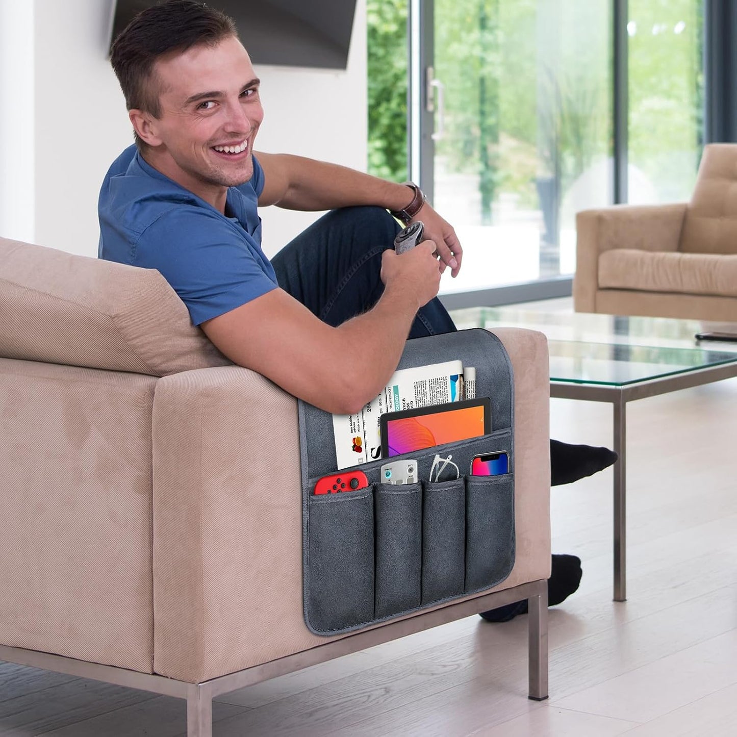Couch Armrest Remote Control Holder, Polar Fleece Couch Caddy Gifts for Seniors, Non-slip Bed Caddy Tv Remote Holder with 5 Pockets for Key Glasses Phone Magazine Holders