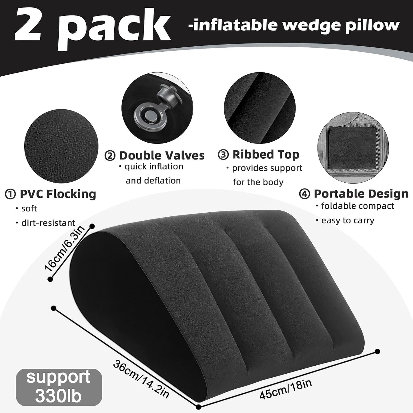 Prosixtoy Portable Wedge Pillow Inflatable Cushion - Body Positioners Lightweight Wedge Pillow for Sleeping, Leg Elevation, Use in Bed, Travel, Camping, Fast Inflating Deflation (Grey)