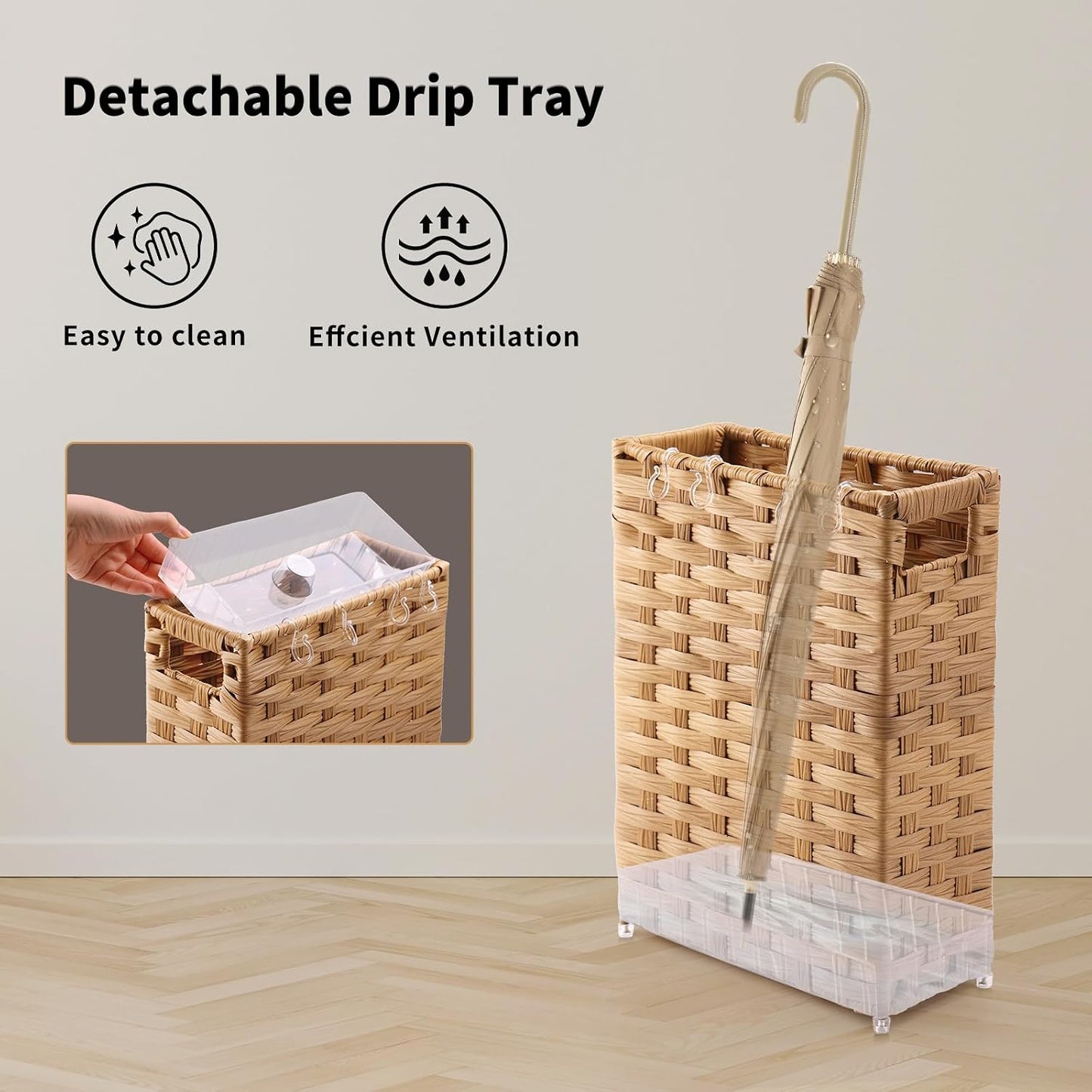 Rattan Umbrella Stand, Umbrella Holder for Entryway, Hand Woven Umbrella Rack Organizer Freestanding, with a Detachable Drip Tray, 4 Hooks, 11.8" L x 5.5" W x 16.5" H, Natural
