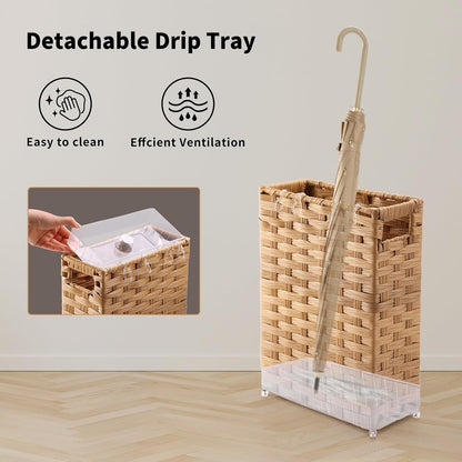 Rattan Umbrella Stand, Umbrella Holder for Entryway, Hand Woven Umbrella Rack Organizer Freestanding, with a Detachable Drip Tray, 4 Hooks, 11.8" L x 5.5" W x 16.5" H, Natural