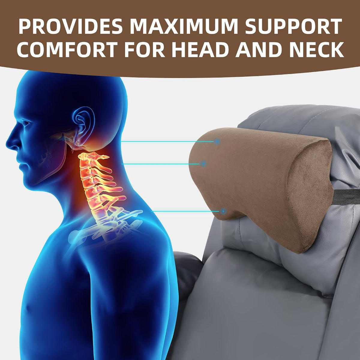 HOMBYS Cervial Neck Pillow for Recliner, Foam Headrest Cushion for Sleeping, Medium Firm Neck Support for Couch, Office Chair and Car, Non-Slip Backing and Elastic Straps, Dark Grey