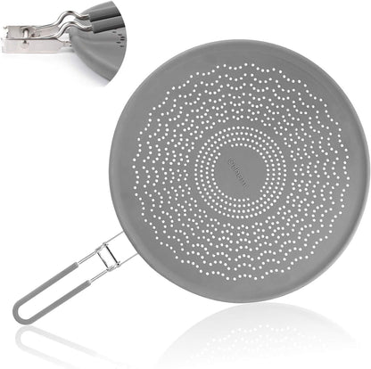 Silicone Grease Splatter Screen Pan Cover with Folding Handle, Heat Resistant Cooling Mat, Strainer, Drain Board, Oil Splash Guard for Frying Pan Cooking, 11.4 Inch