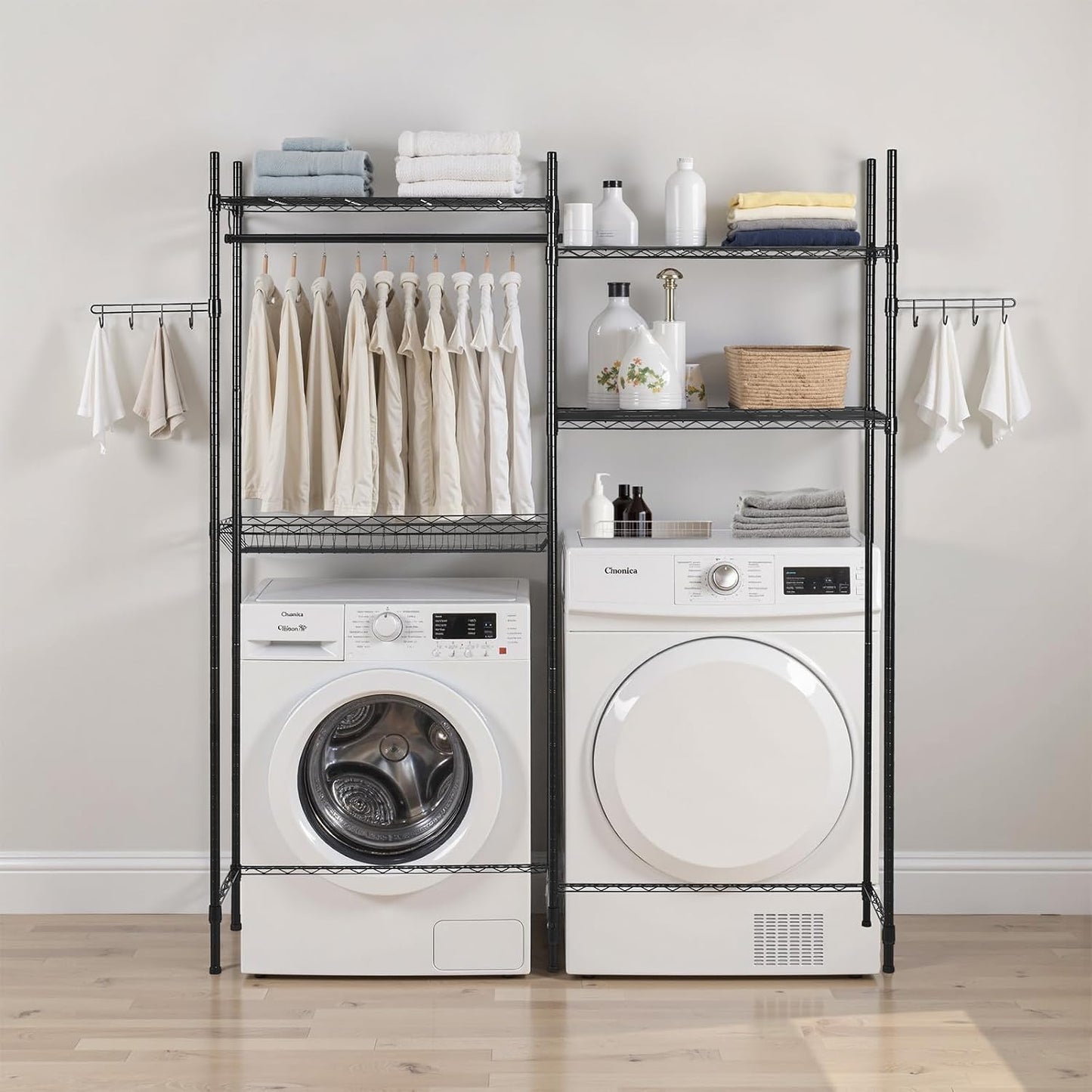 VEVOR Over The Washer and Dryer Storage Shelf, 3 Tier Laundry Room Drying Rack with Hanger Rod and Hooks, Adjustable Over Washer and Dryer Shelves, Laundry Room Shelf Storage Space Saver, White