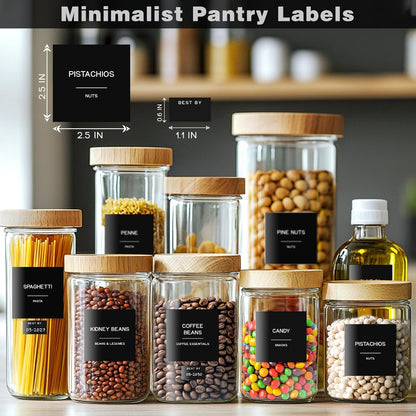 288 Pantry Labels for Food Containers, Black Preprinted Minimalist Waterproof Stickers for Organizing Storage Bins, Jars and Kitchen