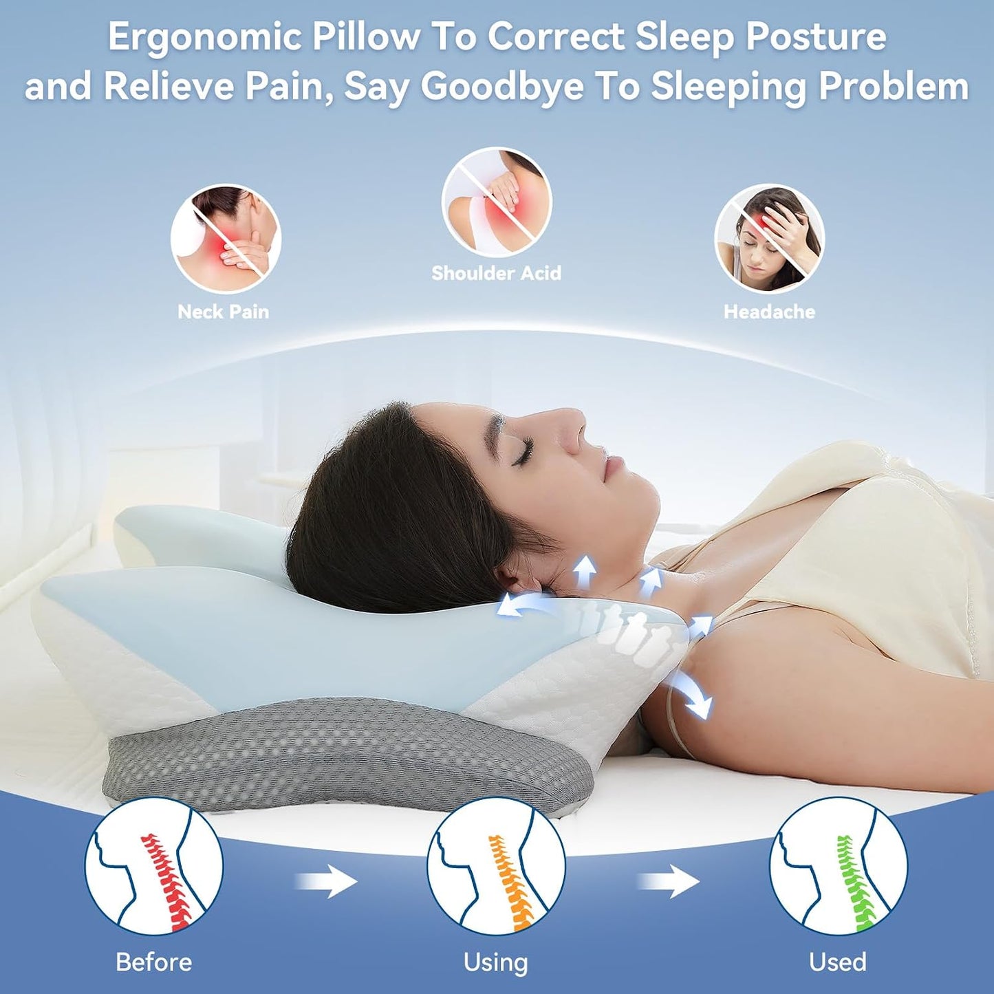 Memory Foam Cervical Neck Pillow, Ergonomic Contour Bed Pillow | Odorless Orthopedic Pillow for Neck & Shoulder Pain Relief & Support with Dual Heights, for Side/Back/Stomach Sleepers, Grey