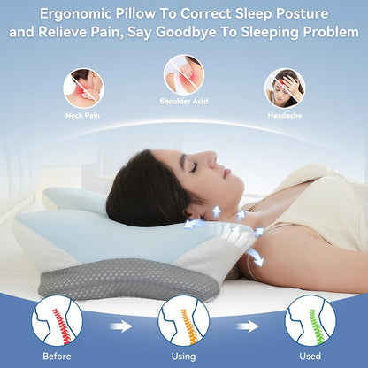 Memory Foam Cervical Neck Pillow, Ergonomic Contour Bed Pillow | Odorless Orthopedic Pillow for Neck & Shoulder Pain Relief & Support with Dual Heights, for Side/Back/Stomach Sleepers, Grey