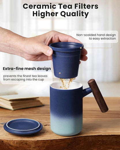 Tea Cup with Infuser and Lid,15 oz Ceramic Loose Leaf Tea Mug,Blue | All Ceramic Infuser &Wooden Handle,Hand Wash Only,Metal-Free,Lead-Free,BPA-Free,Warm Gift for Tea Lovers