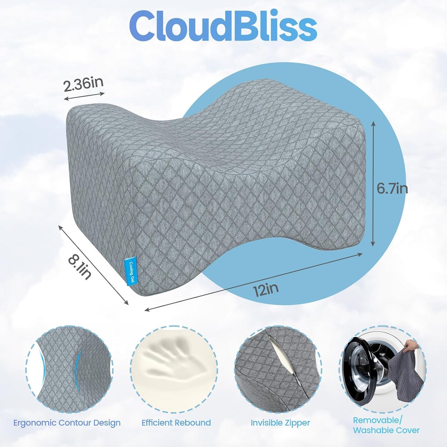 CloudBliss Cooling Gel Knee Pillow for Side Sleepers, Memory Foam, White | Contoured leg pillow, high-density foam, removable machine-washable cover, breathable fabric, hip and knee support