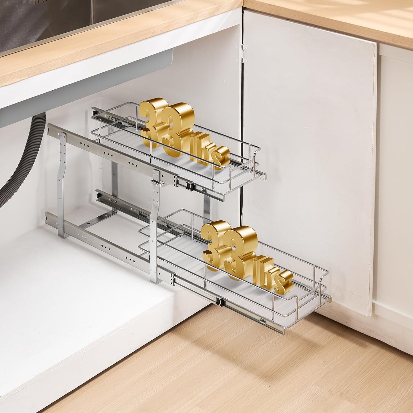 VEVOR Pull Out Cabinet Organizer, 14" Wx21.2 Dx15.2 H Heavy 2 Tier Duty Slide Out Pantry Shelves, Chrome-Plated Steel Roll Out Drawer for Under Sink, 15.5" Wx22.5 Dx19 H Install Size for Cabinet