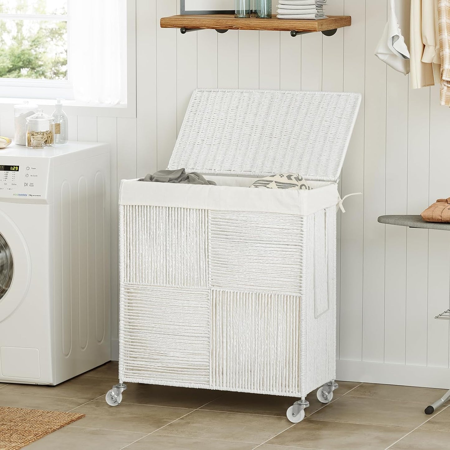 WOWLIVE Double Laundry Hamper with Wheels, Handwoven Rolling Laundry Basket | 115L Dirty Clothes Hamper with Lid, Removable Liner Bag, Large Capacity Laundry Sorter Laundry Room Organization, Green
