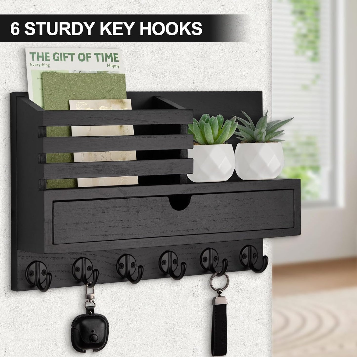 Key Holder Wall Mount, Mail Holder with Storage Drawer | Key and Mail Holder with 5 Key Hooks for Coat, Dog Leash, Home Decor Rack, House Accessories, Entry Way Organizer