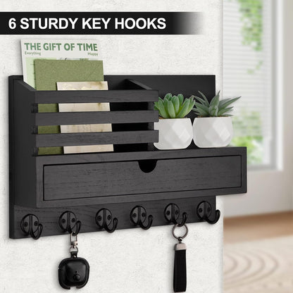 Key Holder Wall Mount, Mail Holder with Storage Drawer | Key and Mail Holder with 5 Key Hooks for Coat, Dog Leash, Home Decor Rack, House Accessories, Entry Way Organizer