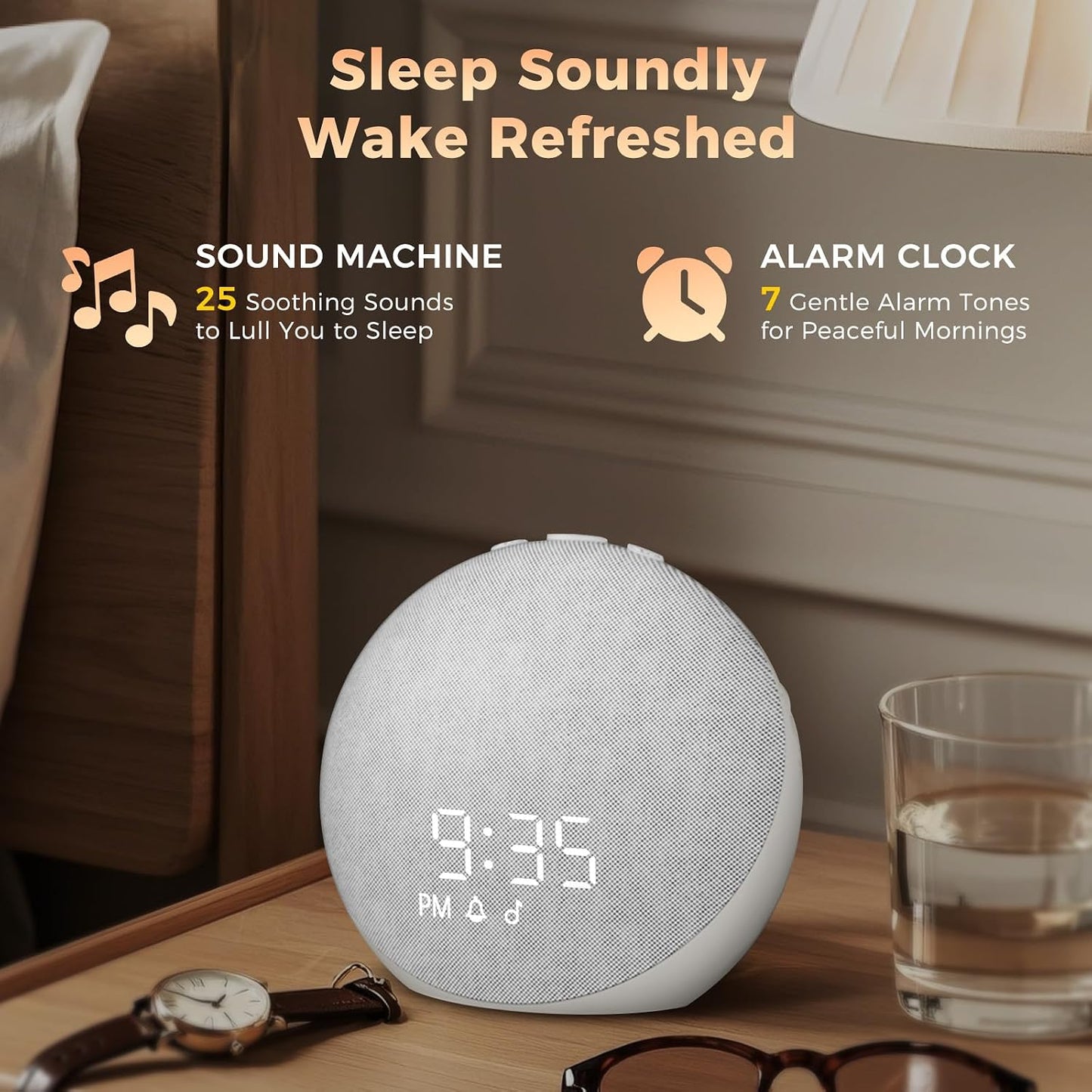 Sound Machine Alarm Clock for Bedroom: 25 Natural Sleep Sounds | White Noise Machine for Adults Kids Baby - Gentle Wake Up Alarm with Bluetooth Speaker - Putty