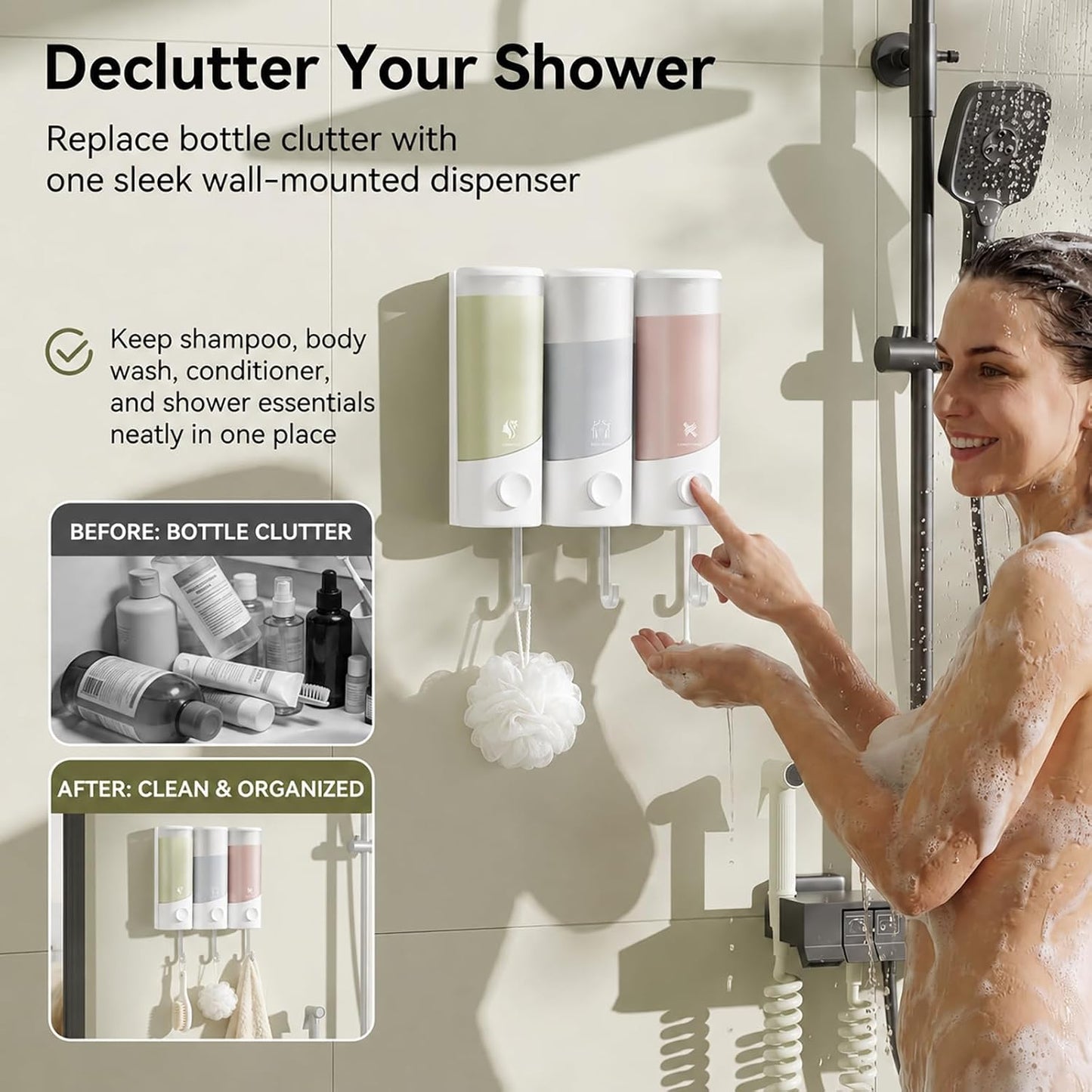 Shampoo and Conditioner Dispenser Wall Mounted with Hooks, 3-Chamber 1200ML Shower Soap Dispenser, No-Drill Bathroom Shower Organizer for Shampoo, Conditioner, Body Wash（Gun Grey）