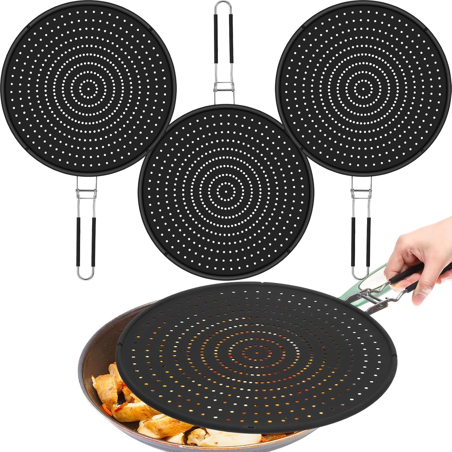 Tioncy 3 Pcs 12.6 Inch Silicone Splatter Screen for Frying Pan Grease Splatter Collapsible Guard Heat Resistant Multi Use for Baking and Cooking(Black)