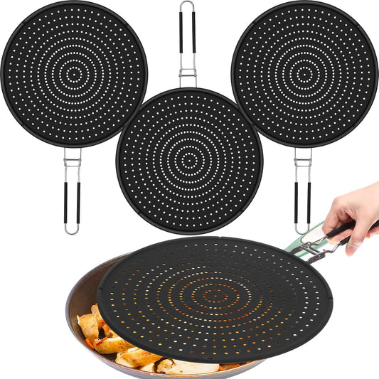 Tioncy 3 Pcs 12.6 Inch Silicone Splatter Screen for Frying Pan Grease Splatter Collapsible Guard Heat Resistant Multi Use for Baking and Cooking(Black)