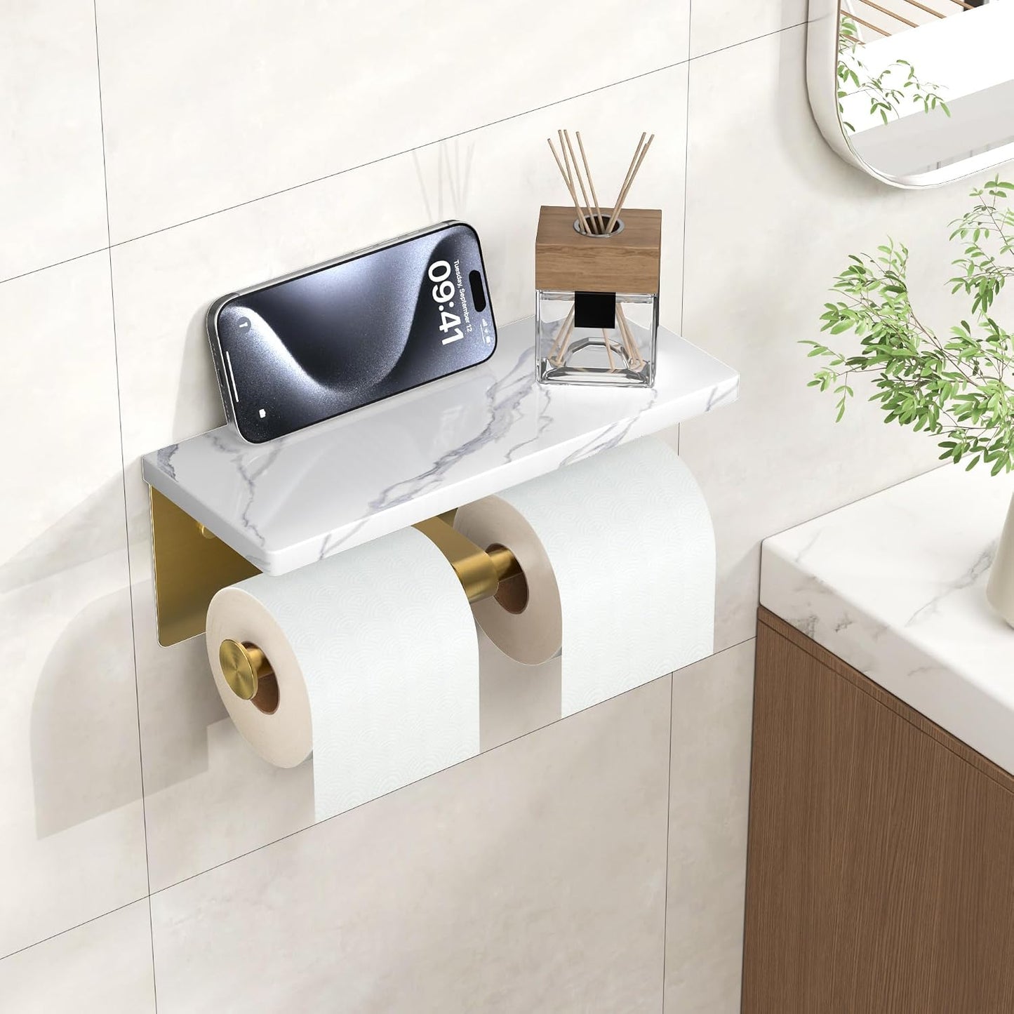 FORIOUS Toilet Paper Holder with Shelf, Natural Marble, Commercial | Brushed Nickel, Wall Mount 304 Stainless Steel Commercial Bathroom Tissue Roll Dispenser, Heavy Duty Washroom Paper Storage