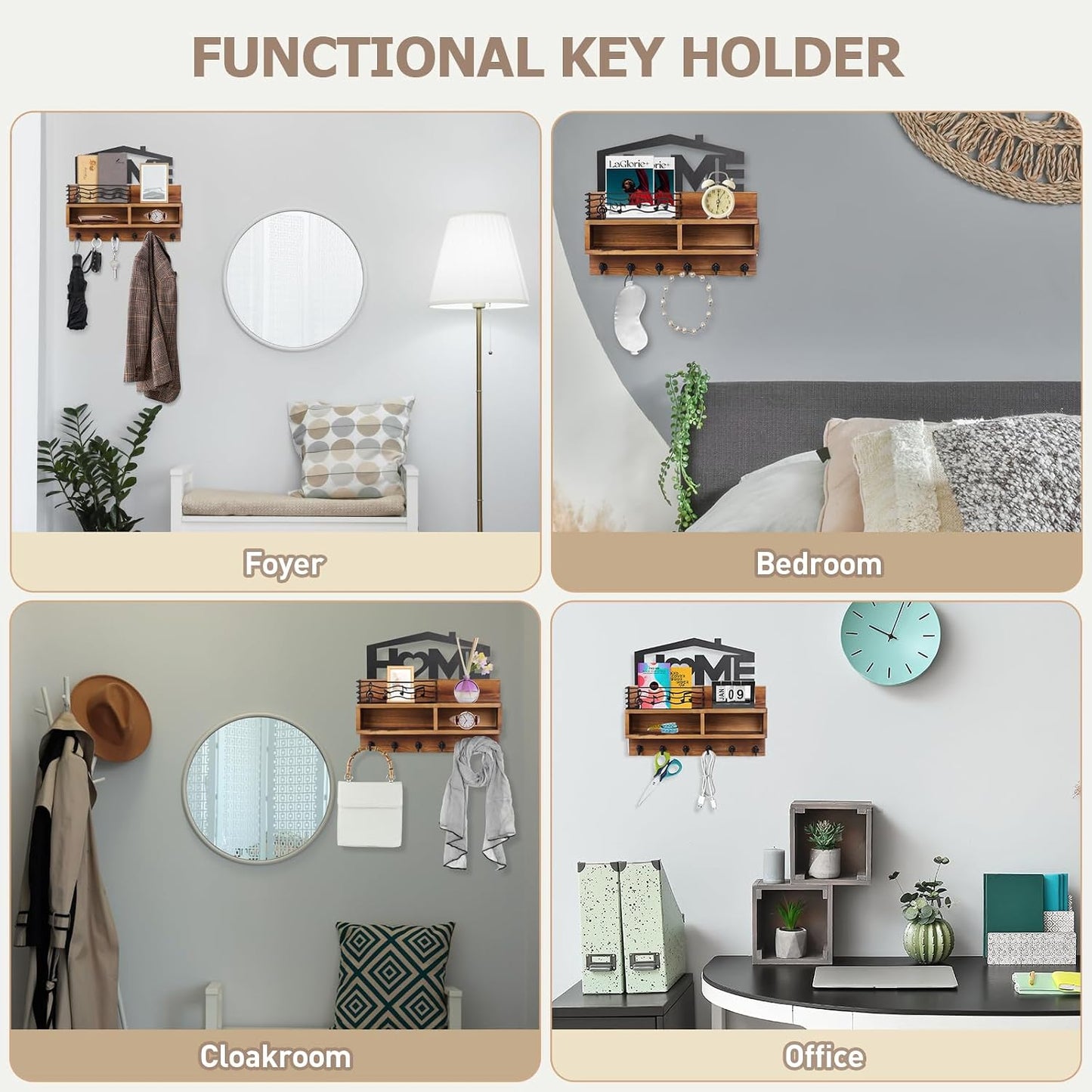 VIS'V Key Holder Wall Mount, Decorative Wood Mail and Key Organizer, White | Contains Iron Storage Basket, Small Shelf, 2 Compartments, 6 Hooks, for Entryway, Hallway, Doorway, Kitchen, Garage, RV