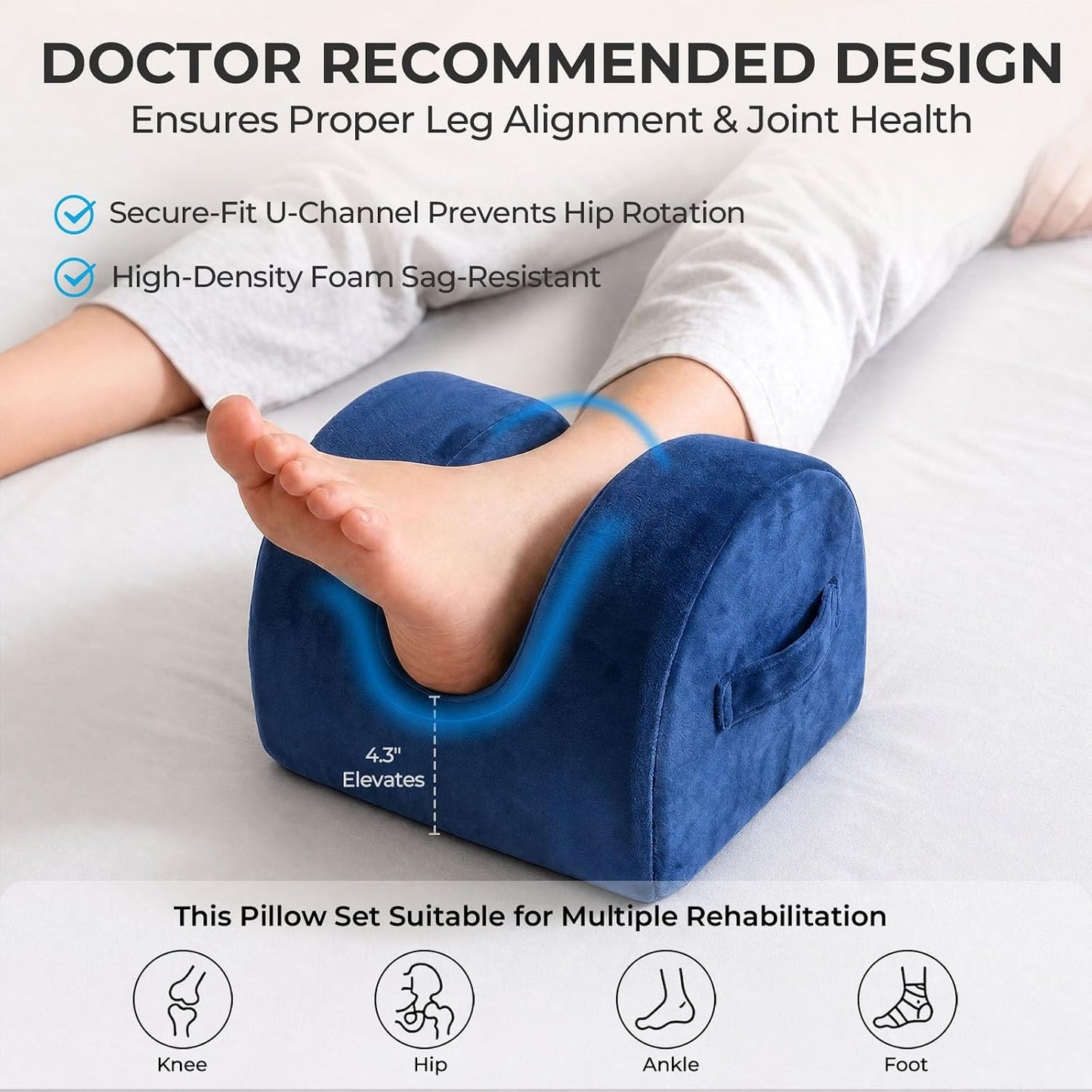 Leg Elevation Pillow for Knee Replacement Surgery Recovery with Handle | Firm Support Foam, Portable Wedge, Removable Cover, Lightweight, Anti-Slip, Breathable, Machine Washable Cover