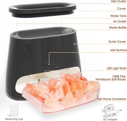 SALKING 2-in-1 Ultrasonic Essential Oil Diffuser & Himalayan Salt Lamp, Aromatherapy Diffuser Cool Mist Humidifier with Auto Off Function, 100% Pure Himalayan Pink Salt Rock, 150ml (Wooden Grain)