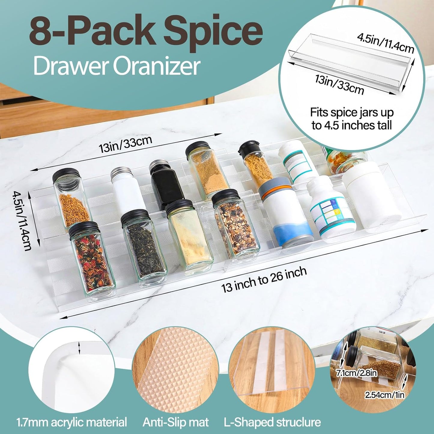 8 Pack Spice Drawer Organizer with 18 Anti-Slip Mats, 13" to 26" Expandable Acrylic Seasoning Organizer Rack Tray Kitchen Spice Rack Drawer Holds up to 56 Jars (Jars Not Included)