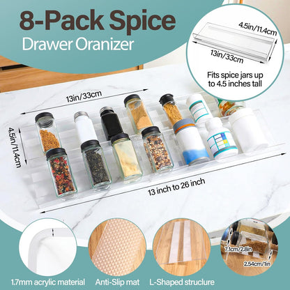 8 Pack Spice Drawer Organizer with 18 Anti-Slip Mats, 13" to 26" Expandable Acrylic Seasoning Organizer Rack Tray Kitchen Spice Rack Drawer Holds up to 56 Jars (Jars Not Included)