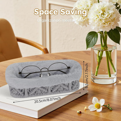 Glasses Holder, Anti-scratch Plush Lined Eyeglass Holder Stand | Oval Eye-glasses Storage Organizer Case for Nightstand, Office Desk, Bedside Table, Beige