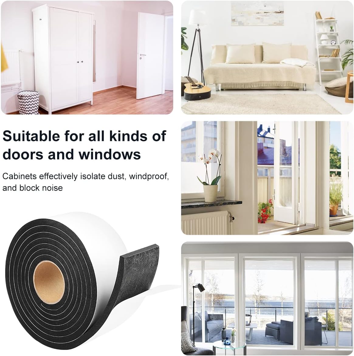 2 Rolls Foam Seal Tape for Door Window Insulation, Soundproof and Shockproof Foam Adhensive Strip, 3/8" Wx3/16 T Single Sided Foam Tape, Cold Air and Draft Closed Cell Seal Strip,Total 32FT