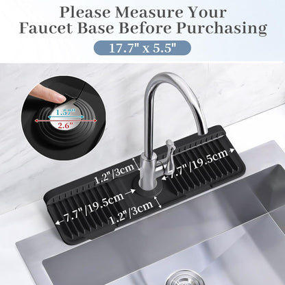 PoYang 24 Inch Faucet Mat for Kitchen Sink Splash Guard, Silicone, Black | Sink Protectors with 7° Slope for Smooth Drainage, Snap Button Holds It in Place, 90° Foldable & Cuttable Hole Fit Most Sinks