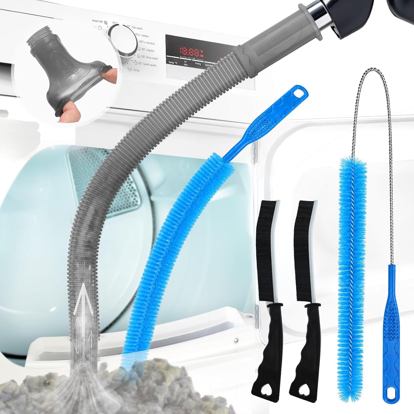 Sealegend 5Pack Dryer Vent Cleaner Kit Vacuum Hose Attachment & Brush Blue | Whistle-Free Hose | Universal Connector Fits Most Vacuums | 4 Brushes for Dryer Vents, Refrigerator Coils, Drains & Sinks