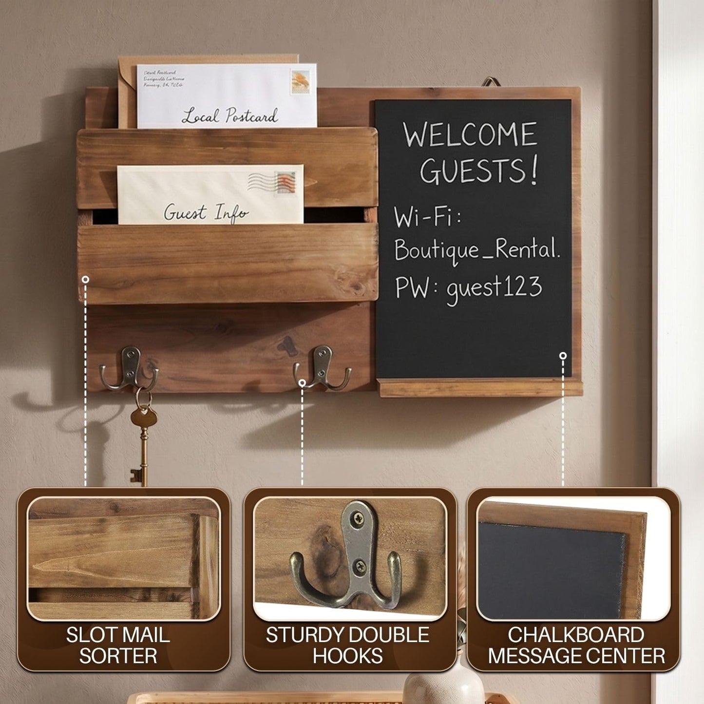 Flexzion Chalkboard Key Holder Wall Mount, Mail Organizer with Wood Shelf | Rustic Wood Entryway Message Center with Double Hooks and Mail Slot for Letters, Notes, Wallets and Daily Essentials