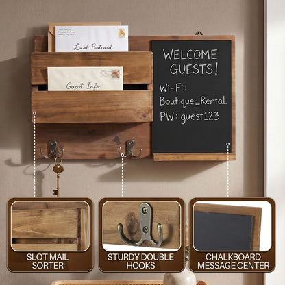Flexzion Chalkboard Key Holder Wall Mount, Mail Organizer with Wood Shelf | Rustic Wood Entryway Message Center with Double Hooks and Mail Slot for Letters, Notes, Wallets and Daily Essentials