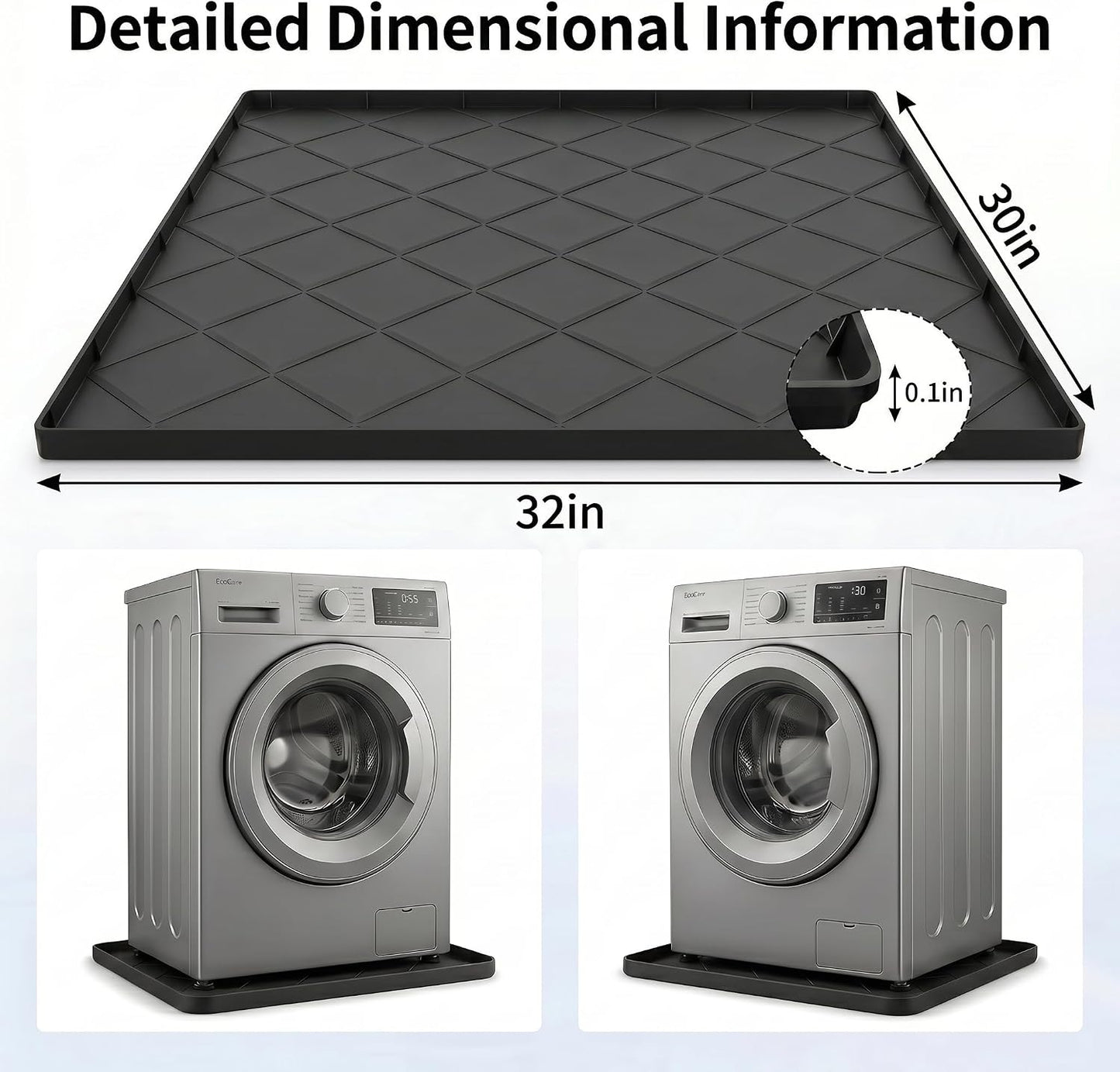 32"x30" Washing Machine Pan Silicone Mat, Upgraded 1" Raised Edges | Non-Slip Waterproof Washer Drip Tray for Under Washer & Dryer,Anti-Vibration Floor Protector for Refrigerator,Water Dispenser