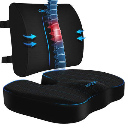 CushZone Ergonomic Seat Cushion & Lumbar Support Pillow - Memory Foam for Sciatica Pain Relief & Posture Correction, Non-Slip Chair Cushions for Office Chair/Car/Wheelchair/Travel (Black)