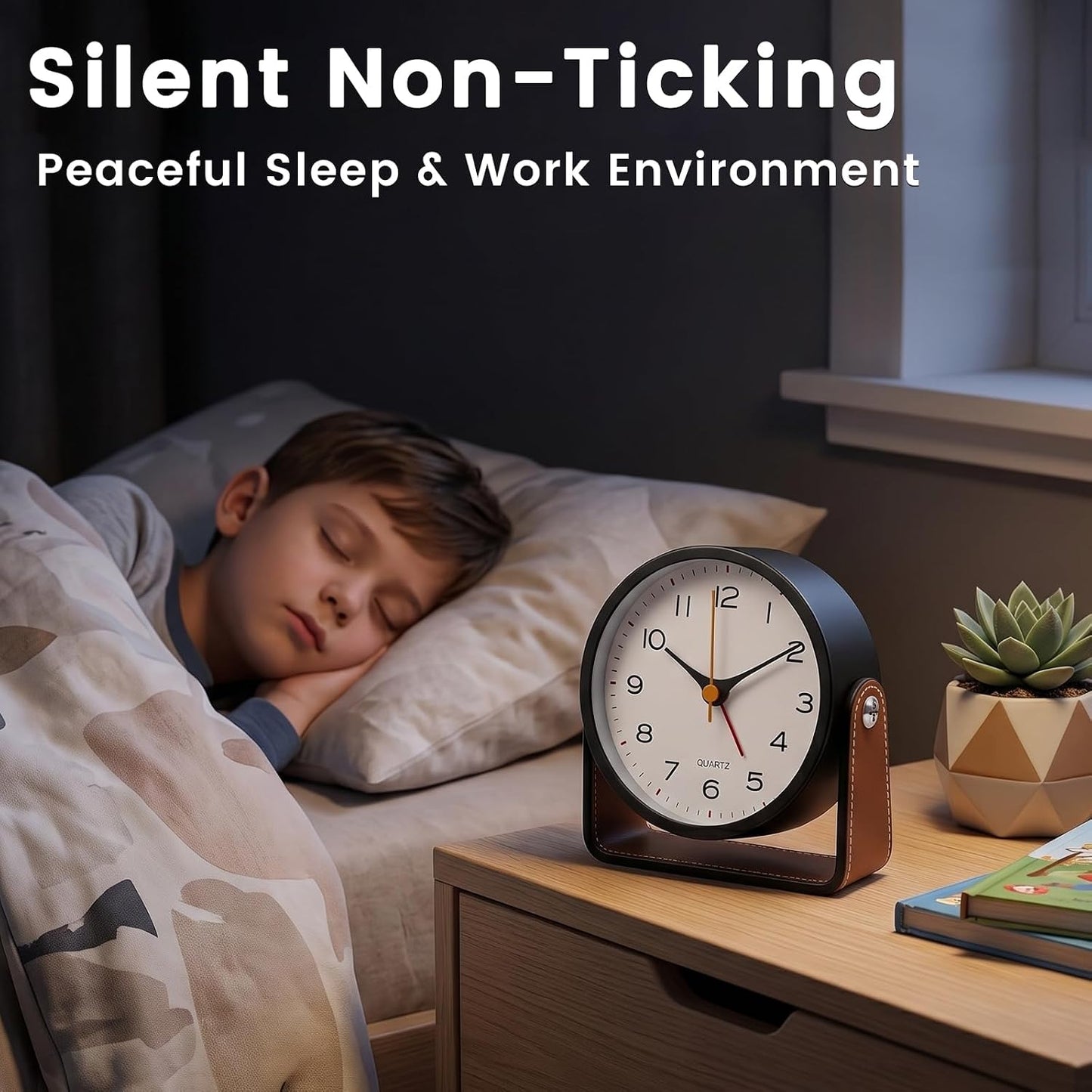 Analog Alarm Clock - 4.5" Silent Non Ticking Small Clock with Light, Rotatable Stand Metal Desk Clock Battery Operated, Simple Design for Living Room Decor/ Bedroom/Bedside/Shelf (Black & White)