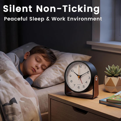 Analog Alarm Clock - 4.5" Silent Non Ticking Small Clock with Light, Rotatable Stand Metal Desk Clock Battery Operated, Simple Design for Living Room Decor/ Bedroom/Bedside/Shelf (Black & White)