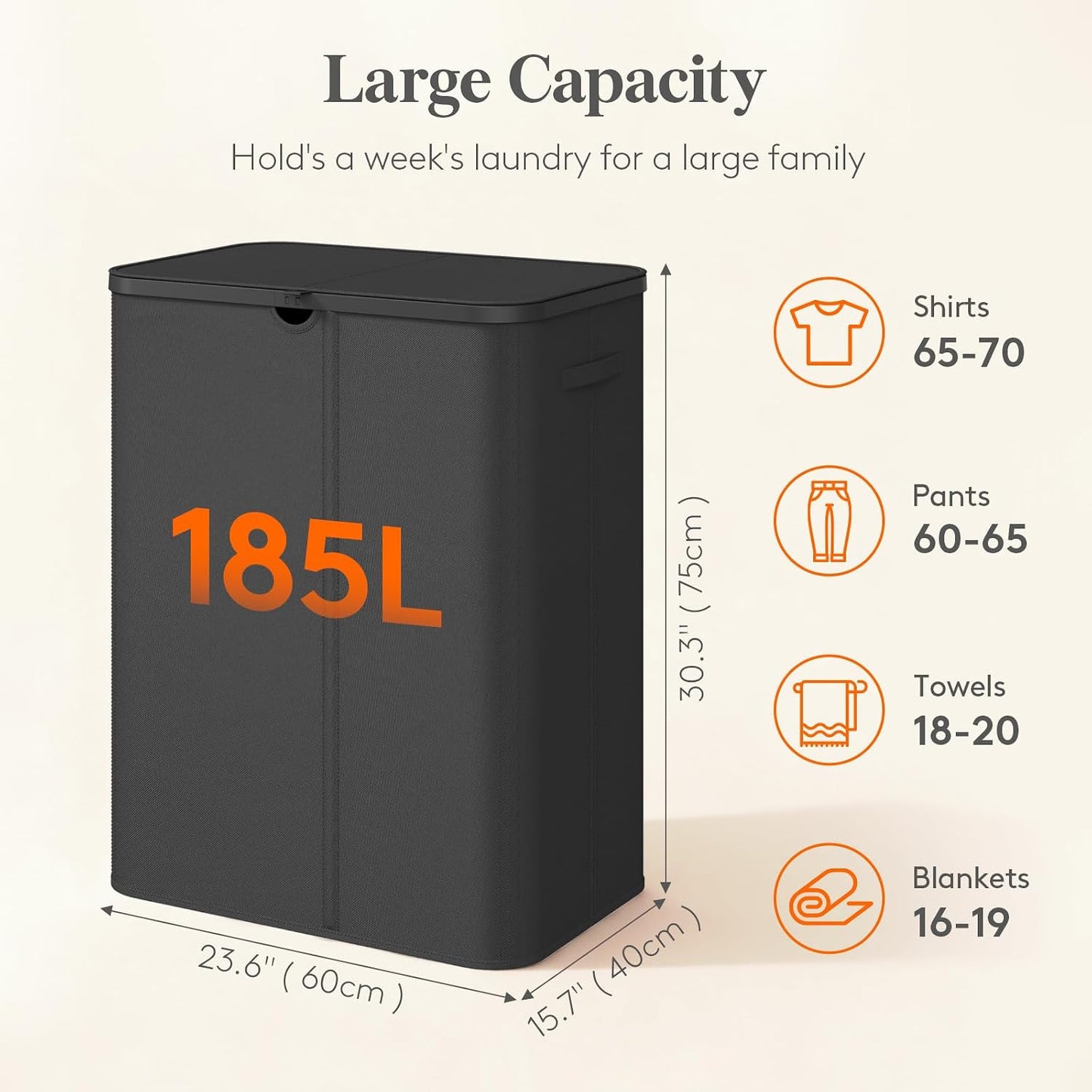 Lifewit 185L 3 Section Laundry Hamper with Lid, Laundry Basket, Beige | Large Foldable Laundry Sorter with 3 Removable Bags, Tall Clothes Hamper for Bedroom and Bathroom