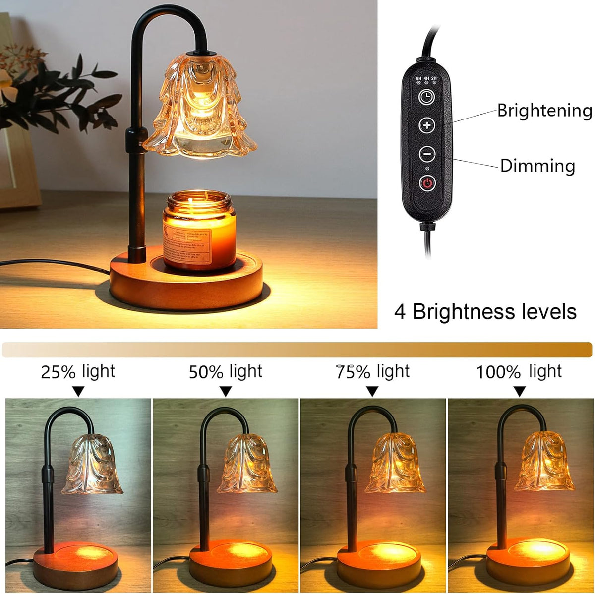 ANFOOS Candle Warmer Lamp with Timer and Dimmer, Adjustable Height Flameless Wax Melter for Jar Candles, 4-Level Brightness Control Electric Candle Warmer with 2 Bulbs, Home Decor Gift